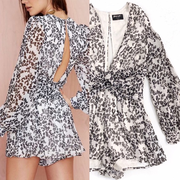 Nasty Gal Pants - Nasty Gal Leopard Print Romper Playsuit Women’s Medium Long Sleeve Black White
